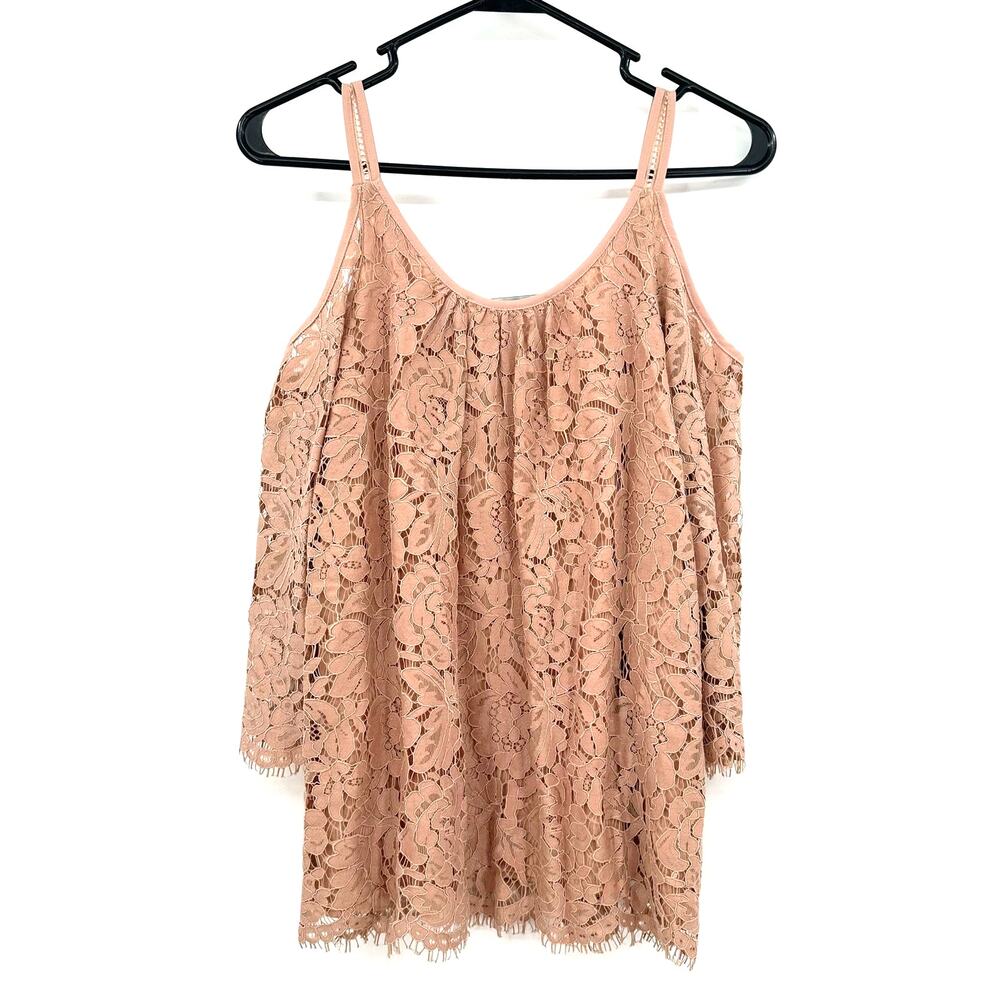 White House Black Market Blouse Size XS Blush‎ Beige Lacey Cold Shoulder Formal - Picture 2 of 5